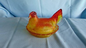 Red and Amber Hen on Nest Dish