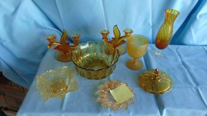 Assorted Amber Glass Pieces and Amber Duncan Miller Candlesticks