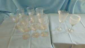 Lot of Misc Stemware, 10 Iridescent Stems, 5 Leaf Pattern Stems, 9 Etched Stems