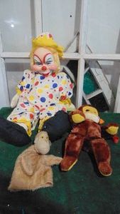 Vintage Stuffed Clown with Plastic Face, Monkey and Monkey Hand Puppet.