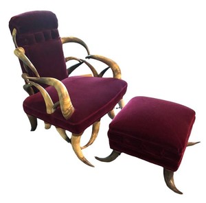 LL - Antique Circa 1900 Horn Chair & Ottoman Constructed with 14 Pairs of Matched Horn and Upholstered in Mohair
