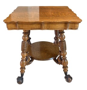 LR - Antique Tiger Oak Lamp Table Scalloped Top Glass Ball & Claw Feet