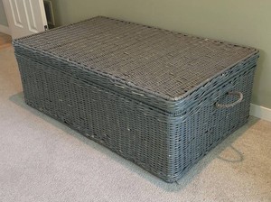 MB - Vintage Gray Wicker Coffee Table  Storage Trunk