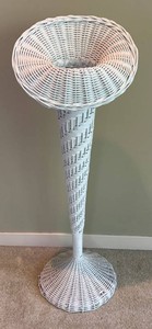MB - Vintage Wicker Planter - White Trumpet-Style Stand 38 in Tall