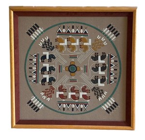 MB - Navajo Framed Sand Painting - Buffalo People or House of Bears Ceremonial Motif