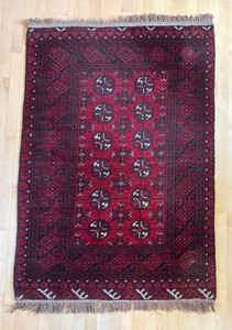 MB - Vintage Afghan Aqcha Handmade Rug Red Black Geometric 39 X 56 in