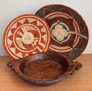 MB - Two Woven Baskets & Primitive Wooden Bowl