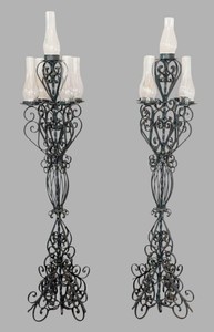 G - Spanish Revival Iron Candelabras - Pair of 5-Light Scrollwork Floor Candelabras