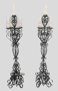 G - Spanish Revival Iron Candelabras - Pair of 5-Light Scrollwork Floor Candelabras