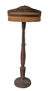 G - Wicker Floor Lamp with Rare original Silk Lined Fringed Shade