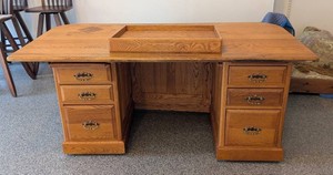 G - Vintage Oak-Style Pedestal Desk With Raised Organizer 72 X 35 X 30 in