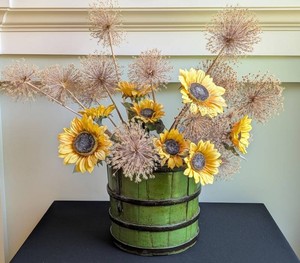 LR - Primitive Wood Bucket With Faux Sunflowers and Dried Flowers