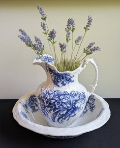 LR - Vintage Blue & White Transferware Washbasin & Pitcher Surrey England