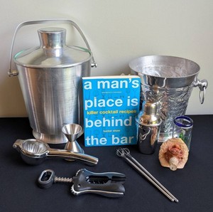LR - Barware Mixed Lot - Ice Buckets, Cocktail Tools & Recipe Book