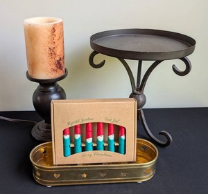 LR - Candle Lamp, Tray Candleholders & 6 Christmas Candles Mixed Lot - 12 H X 11 Dia