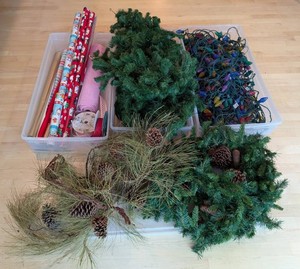 LR - Holiday Decor Mixed Lot - 3 Totes of Lights, Garland & Wrapping Supplies