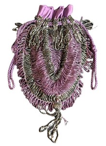 LR - Vintage Beaded Purple Evening Purse - Drawstring Handbag 5 X 8 in
