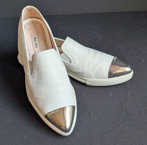 LR - Womens Slip-On Shoes - Miu Miu White Leather Metallic Toe Caps