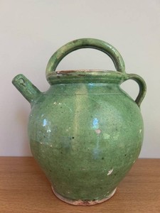 DR - Vintage Pottery Pitcher - Hand Thrown Green Glaze 12 in