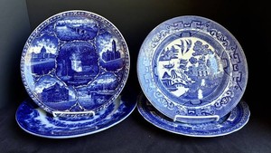 LR - Vintage Blue & White Transferware Plates - Scenic Souvenir Designs (Lot of 4)