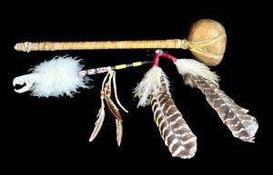 LR - Northern Plains Indian Parfleche Rattle & Fur Animal Mixed Lot - 21 in
