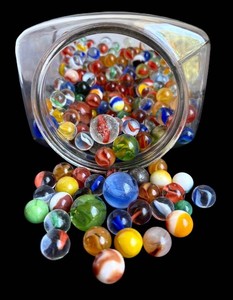 LR - Vintage Marbles in Glass Jar With Leather Pouch