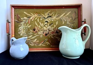 LR - Painted Wood Tray & Ceramic Pitchers Mixed Lot