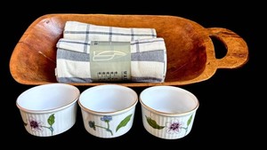 LR - Primitive Wooden Dough Bowl, IKEA ELLY2 Rags & Royal Westchester Ramekins Mixed Lot