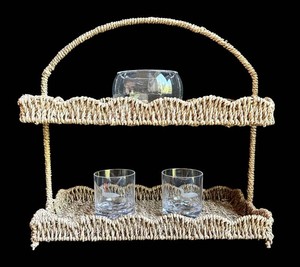 LR - Serving Stand - Tutera Wicker Oven Stand With Loon Glasses & Bowl