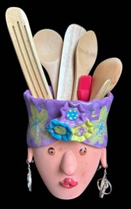 LR - Pottery Utensil Holder - Lady Face With 8 Wooden Utensils Mixed Lot