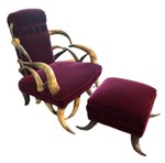 LL - Antique Circa 1900 Horn Chair & Ottoman Constructed with 14 Pairs of Matched Horn and Upholstered in Mohair
