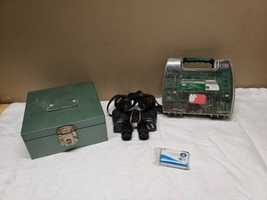 Hitachi Rotary Tool Pieces, Empire Binoculars, and Metal Box