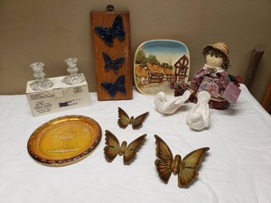 Butterfly Plaques and Liberty Bell Plate with Candleholders and Doll