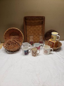 Wicker Baskets and Unique Mugs Collection including Red Lobster Glasses, Maryland Zoo Mugs, and Heart-Shaped Cup