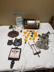Vintage Kitchen Tools and Decor Collection including Cookie Press, Trivets, Shredder, and Molds