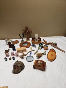 Miscellaneous Home Decor Collection including Carved Wooden Cross, Figurines, and Trinket Box