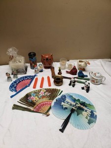 Assorted Home Decor and Collectible Items including Ceramic Figures, Hand Fans, and Candles