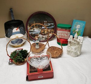 Decorative Holiday and Miscellaneous Items Including Cookie Tin, Snowman Dustpan, and Crystal Heart Bowl