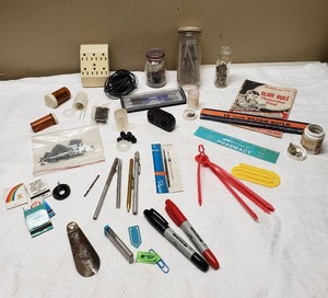 Household and Office Items including Shoehorn, Pens, and Slide Rule