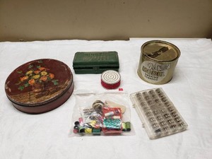 Sewing Accessories and Tools including Singer Attachment, Model Tobacco Tin with Buttons, and Assorted Sewing Notions