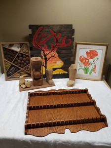 Home Decor and Art Pieces Including Spoon Display, Painted Panels, and Sculptures