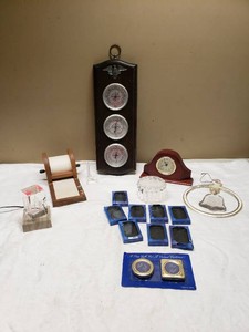 Wall ThermometerBarometer and Timex Mantel Clock, Glass Collectibles, and Note Holder