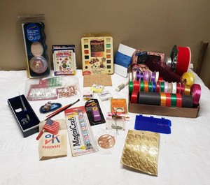 Craft Supplies and Tools Lot including Sculpey III Modeling Compound, Fiskars Shape Cutting Set, and Ribbon Collection