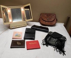 Vintage Hartman Lighted Vanity Mirror, Leather Handbags, and Photo Brag Books