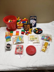 Assorted Childrens Toys and Games including Blocks, UNO Cards, and Sesame Street Cards