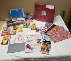 Lot of Craft Supplies and Scrapbooking Items including Best Occasions Scrapbook, RoseArt Super Stamper Markers, and Crayola Flash Cards