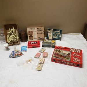 Vintage Toys and Games Collection including Bossie in Crazy Fights Cards, Built-Rite Interlocking Picture Puzzle, I-Spy Card Game, and More