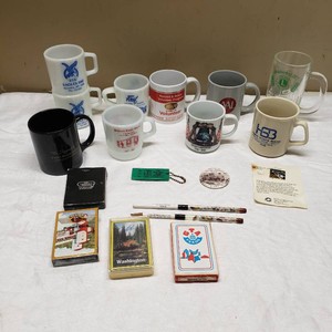 Assorted Vintage Coffee Mugs and Memorabilia Lot Including Playing Cards and Souvenir Items