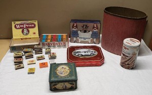 Assortment of Vintage and Collectible Matchboxes, Waste Bin, Tins, and Boxes