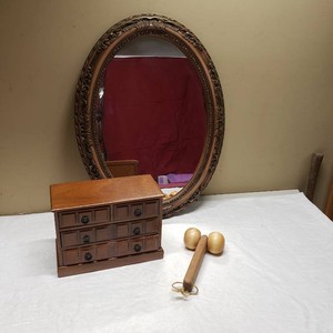 Antique Wooden Miniature Dresser and Ornate Oval Mirror